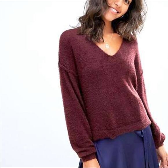 Free People Princess Sweater Alpaca Wool maroon fuzzy V neck Small Oversized - Picture 1 of 9